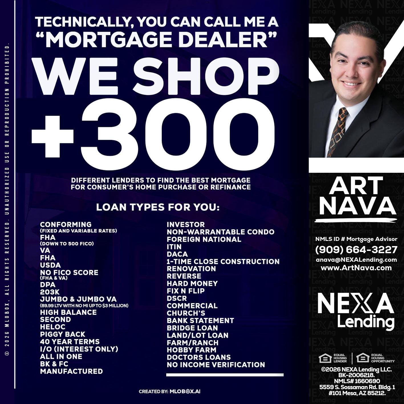 300+ LENDERS - Art Nava -Mortgage Advisor